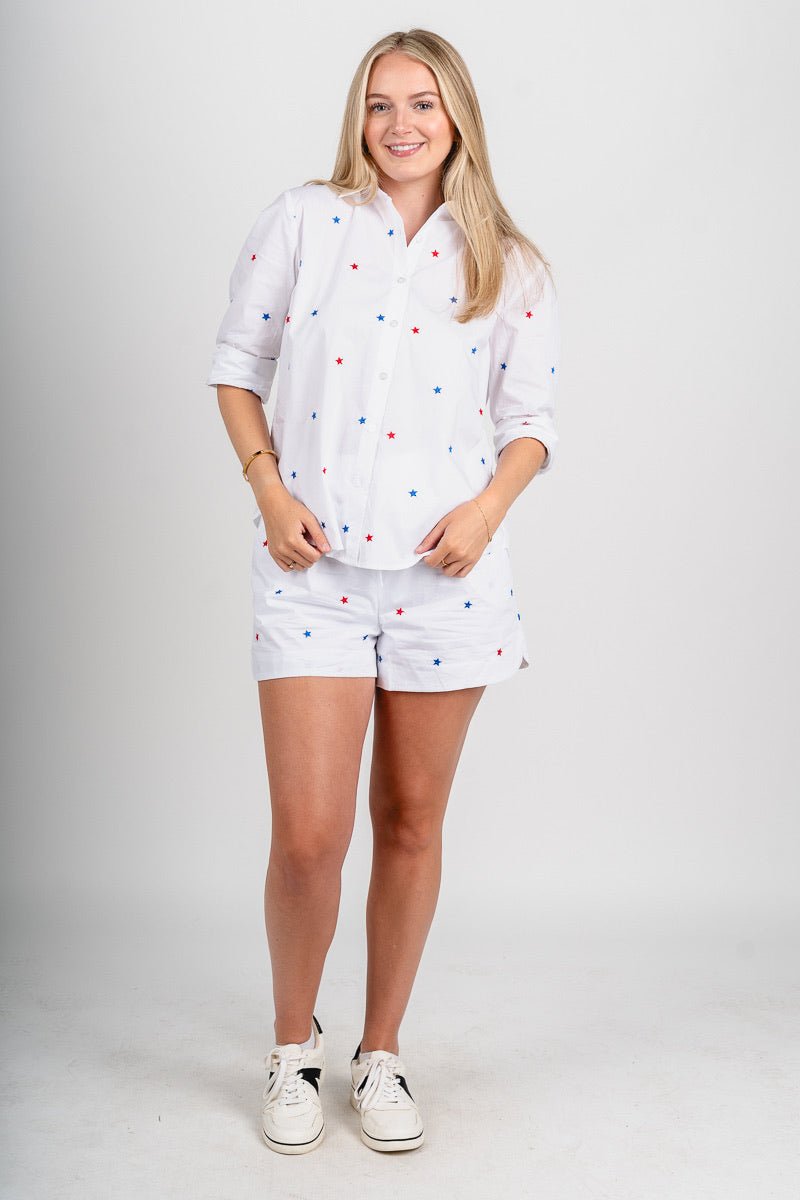 Star embroidered button up top white