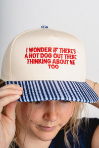 4th of July hot dog hat natural/blue pinstripe - Trendy hat - Cute American Summer Collection at Lush Fashion Lounge Boutique in Oklahoma City