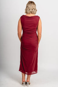 Off shoulder mesh midi dress dark rose Stylish dress - Womens Fashion Dresses at Lush Fashion Lounge Boutique in Oklahoma City