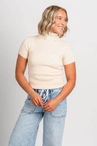 Short sleeve turtleneck sweater cream – Stylish Sweaters | Boutique Sweaters at Lush Fashion Lounge Boutique in Oklahoma City