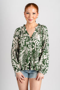 Tropical ruffle neck blouse Ibiza palm - Cute top - Fun Vacay Basics at Lush Fashion Lounge Boutique in Oklahoma City