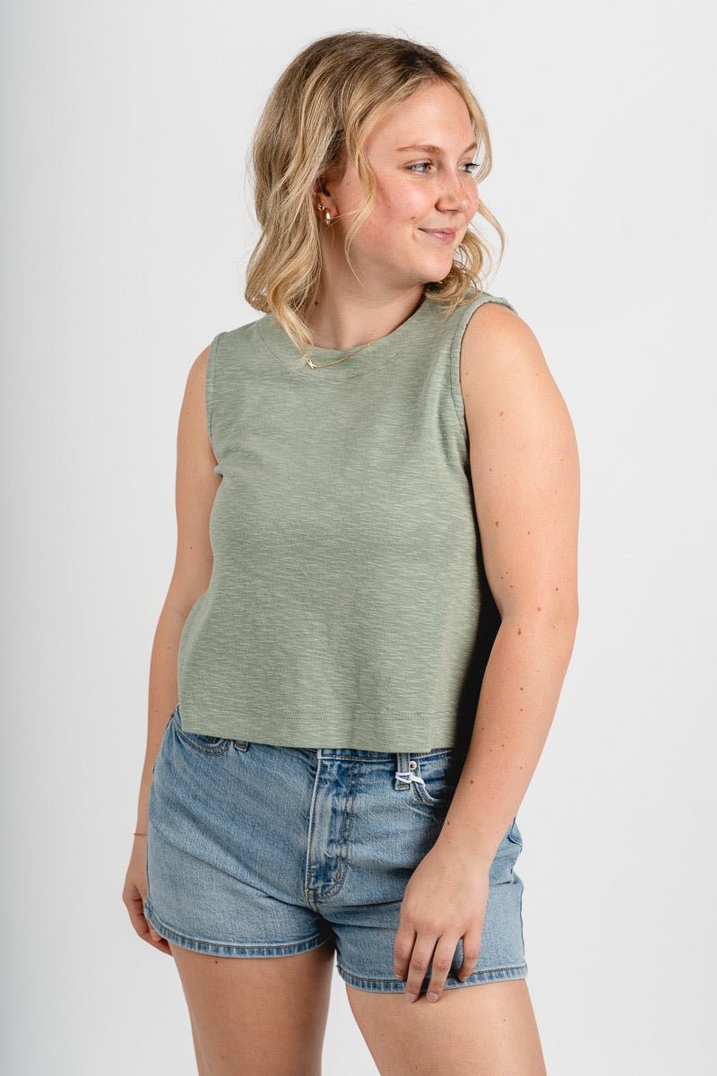 Boxy crop tank top sage green - Affordable Tank Top - Boutique Tank Tops at Lush Fashion Lounge Boutique in Oklahoma City