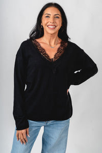 Lace trim sweater black – Boutique Sweaters | Fashionable Sweaters at Lush Fashion Lounge Boutique in Oklahoma City
