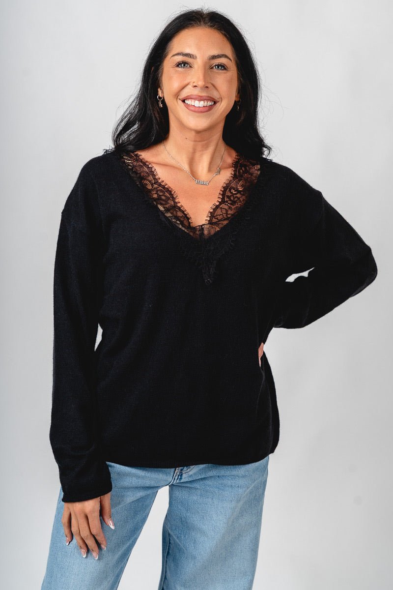 Lace trim sweater black – Boutique Sweaters | Fashionable Sweaters at Lush Fashion Lounge Boutique in Oklahoma City