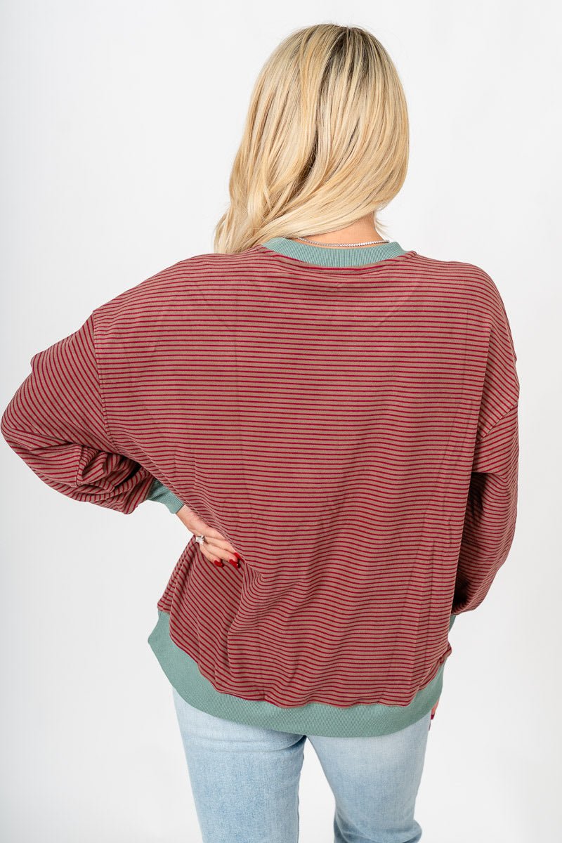 Crew neck striped sweatshirt taupe/red