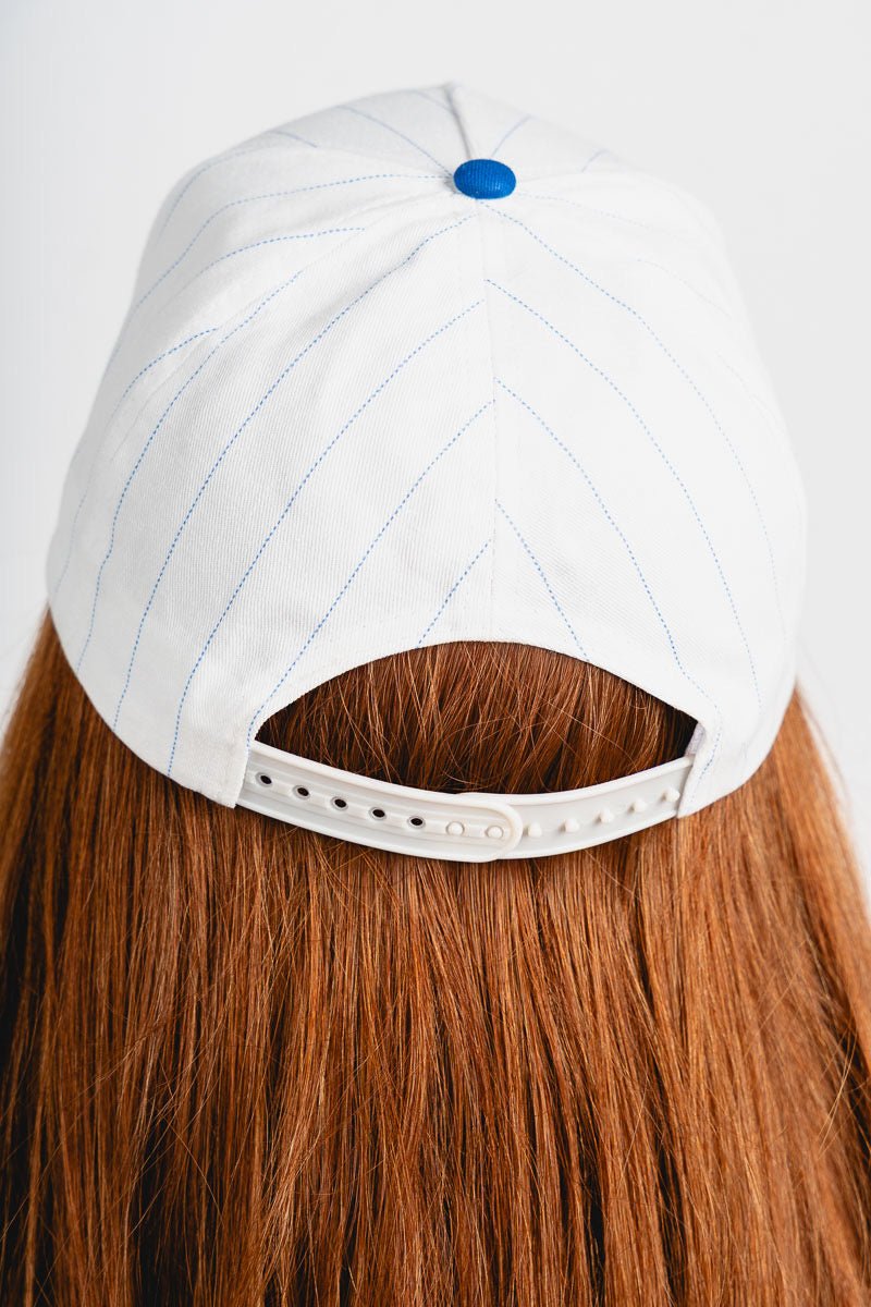 Oklahoma City script pin stripe hat royal/white pin stripe - Oklahoma City inspired graphic t-shirts at Lush Fashion Lounge Boutique in Oklahoma City