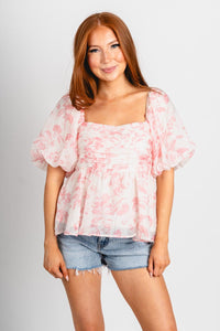 Floral puff sleeve top white/pink - Trendy top - Cute Vacation Collection at Lush Fashion Lounge Boutique in Oklahoma City