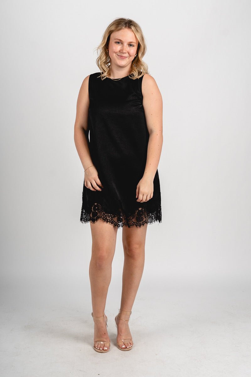Sleeveless lace trim mini dress black Stylish dress - Womens Fashion Dresses at Lush Fashion Lounge Boutique in Oklahoma City