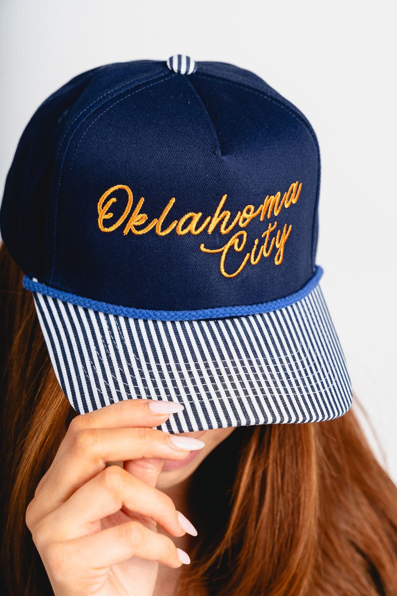 Oklahoma City script pin stripe hat navy pin stripe/navy - Trendy OKC Apparel at Lush Fashion Lounge Boutique in Oklahoma City
