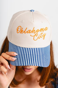 Oklahoma City script pin stripe hat royal pin stripe/cream - Trendy OKC Apparel at Lush Fashion Lounge Boutique in Oklahoma City