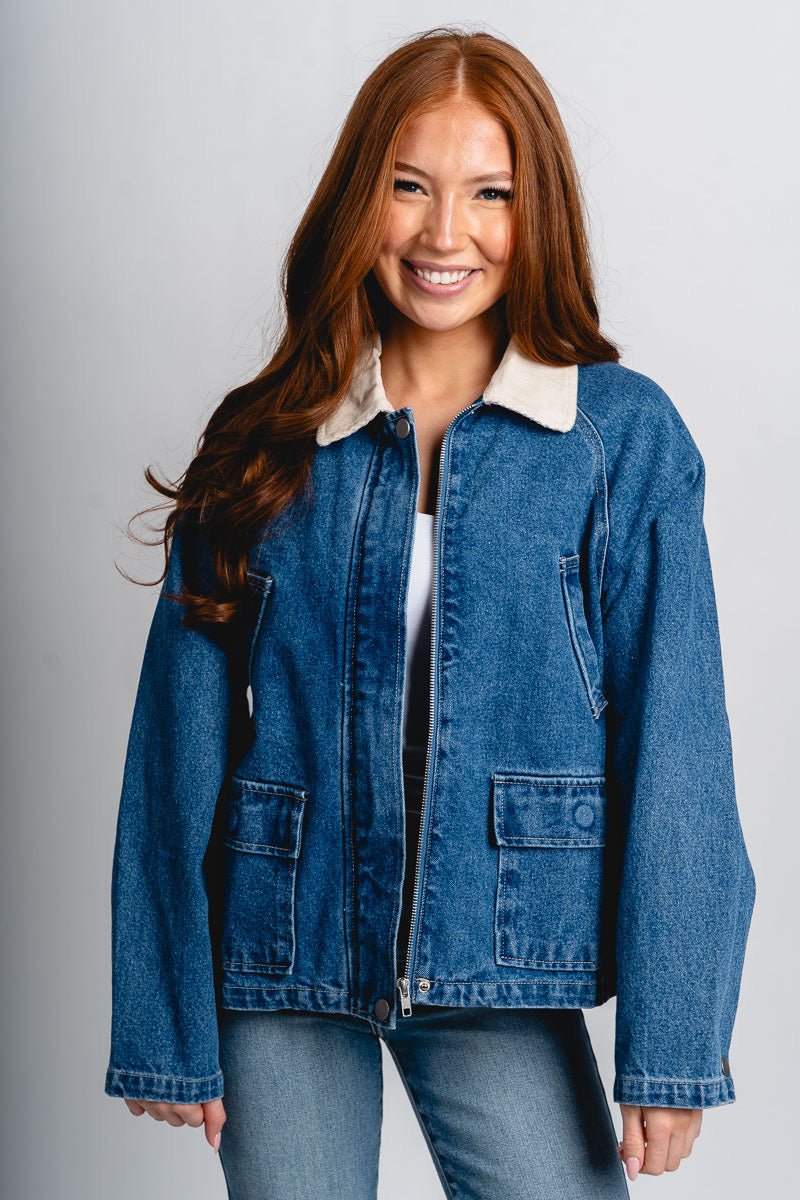 Denim barn jacket denim/cream – Unique Blazers | Cute Blazers For Women at Lush Fashion Lounge Boutique in Oklahoma City