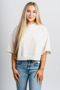 Short sleeve mock neck sweater off white – Stylish Sweaters | Boutique Sweaters at Lush Fashion Lounge Boutique in Oklahoma City