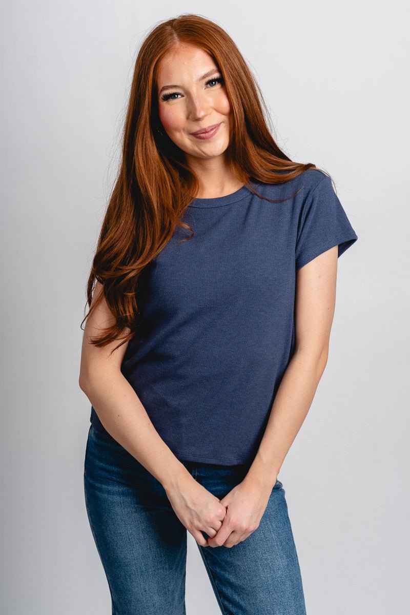 Z Supply Renae ribbed short sleeve tee indigo - Z Supply T-shirt - Z Supply Tops, Dresses, Tanks, Tees, Cardigans, Joggers and Loungewear at Lush Fashion Lounge