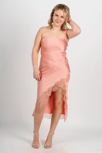 Strapless satin lace trim midi dress apricot - Trendy dress - Fashion Dresses at Lush Fashion Lounge Boutique in Oklahoma City