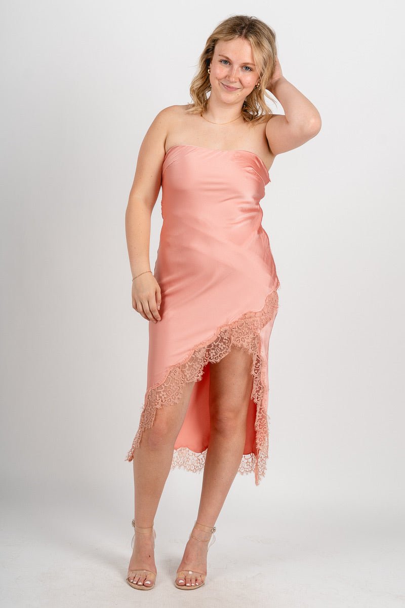 Strapless satin lace trim midi dress apricot - Trendy dress - Fashion Dresses at Lush Fashion Lounge Boutique in Oklahoma City