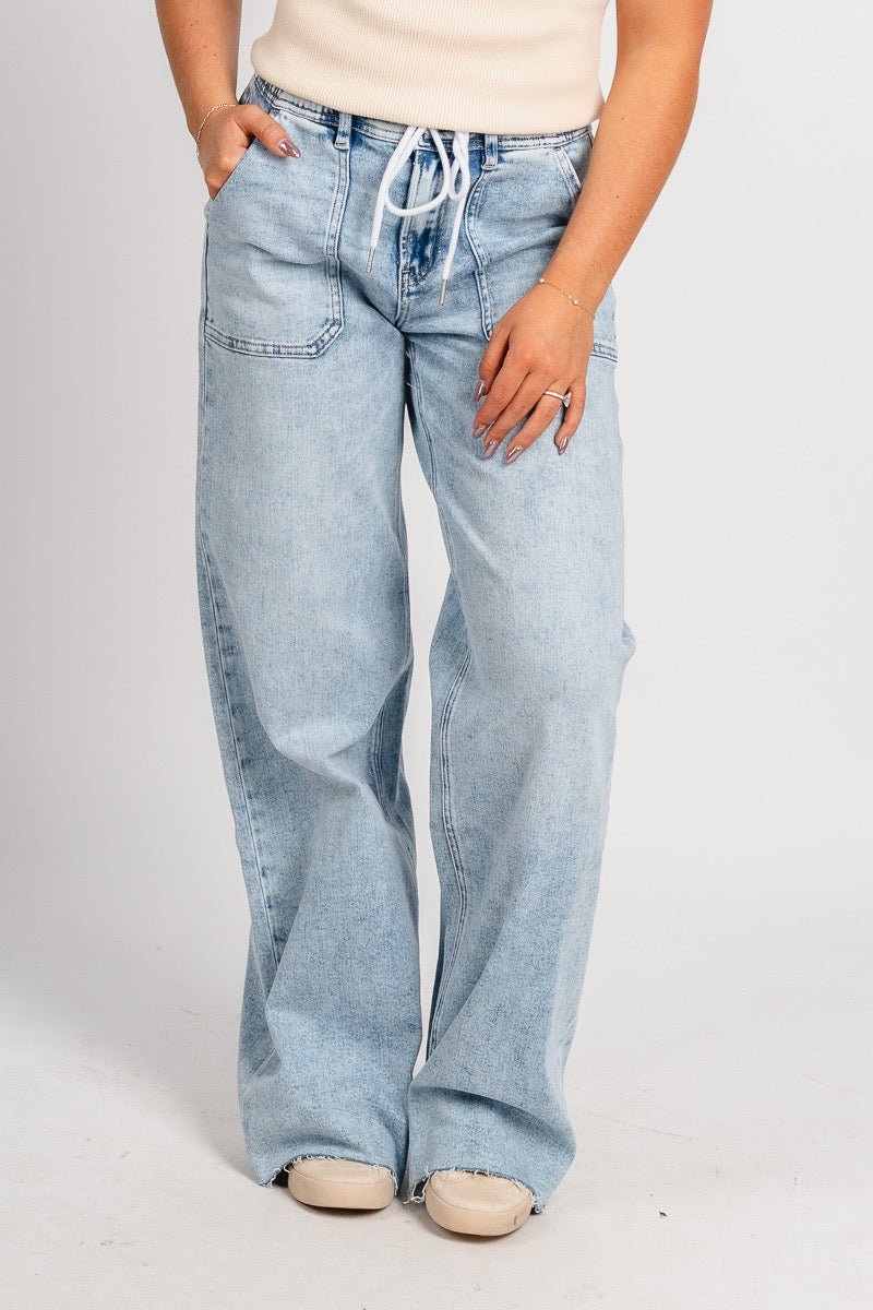 Flying Monkey high rise drawstring wide leg jeans clearly | Lush Fashion Lounge: boutique women's jeans, fashion jeans for women, affordable fashion jeans, cute boutique jeans