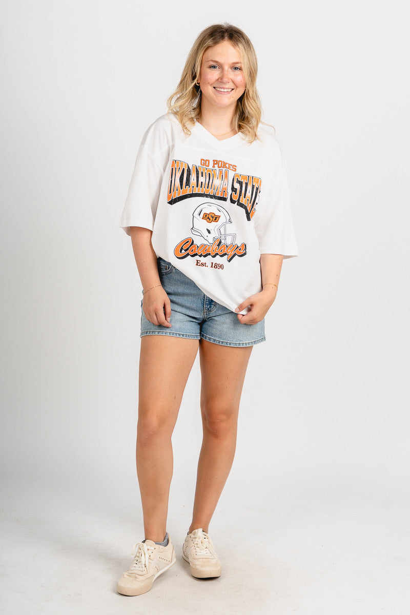 OSU OSU Cowboys football v-neck t-shirt white T-shirt | Lush Fashion Lounge Trendy Oklahoma State Cowboys Apparel & Cute Gameday T-Shirts