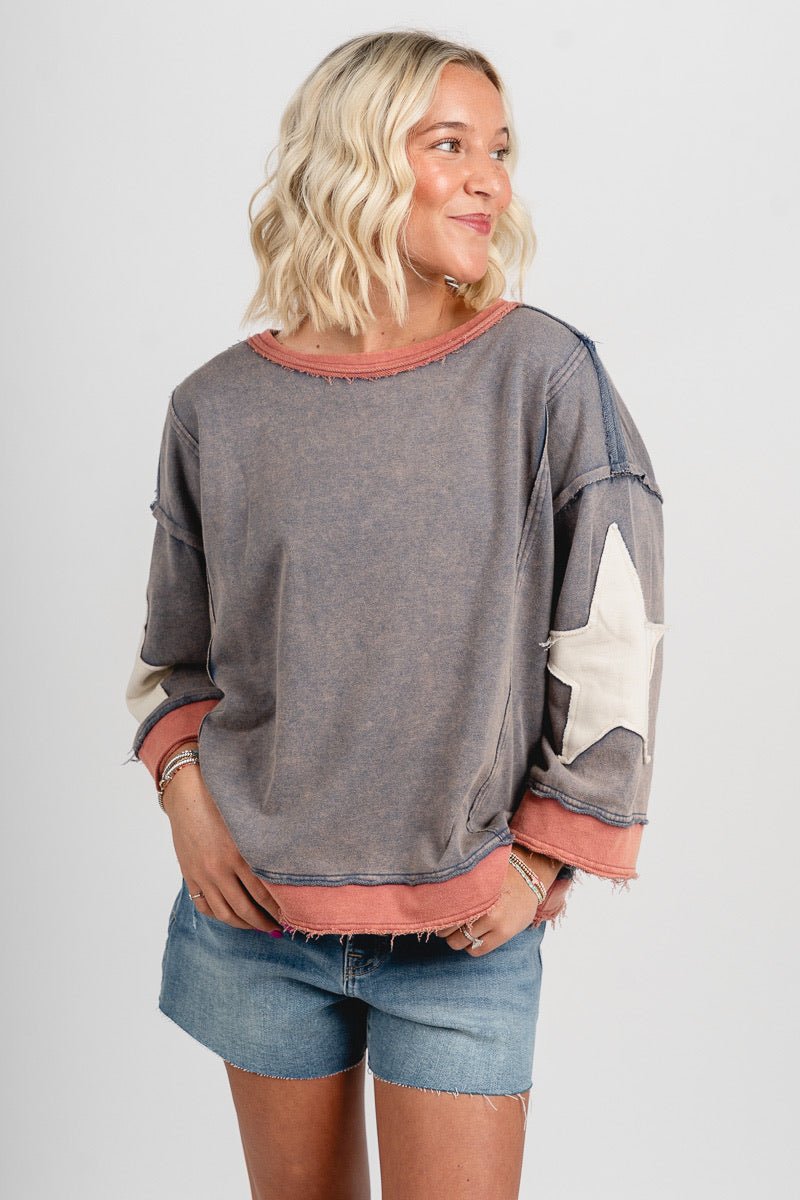 Stars mineral wash sweatshirt vintage navy - Trendy top - Cute American Summer Collection at Lush Fashion Lounge Boutique in Oklahoma City