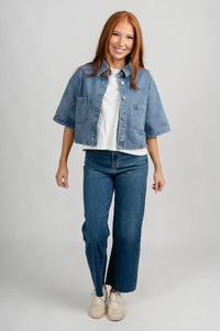 Cropped short sleeve denim jacket blue – Unique Blazers | Cute Blazers For Women at Lush Fashion Lounge Boutique in Oklahoma City