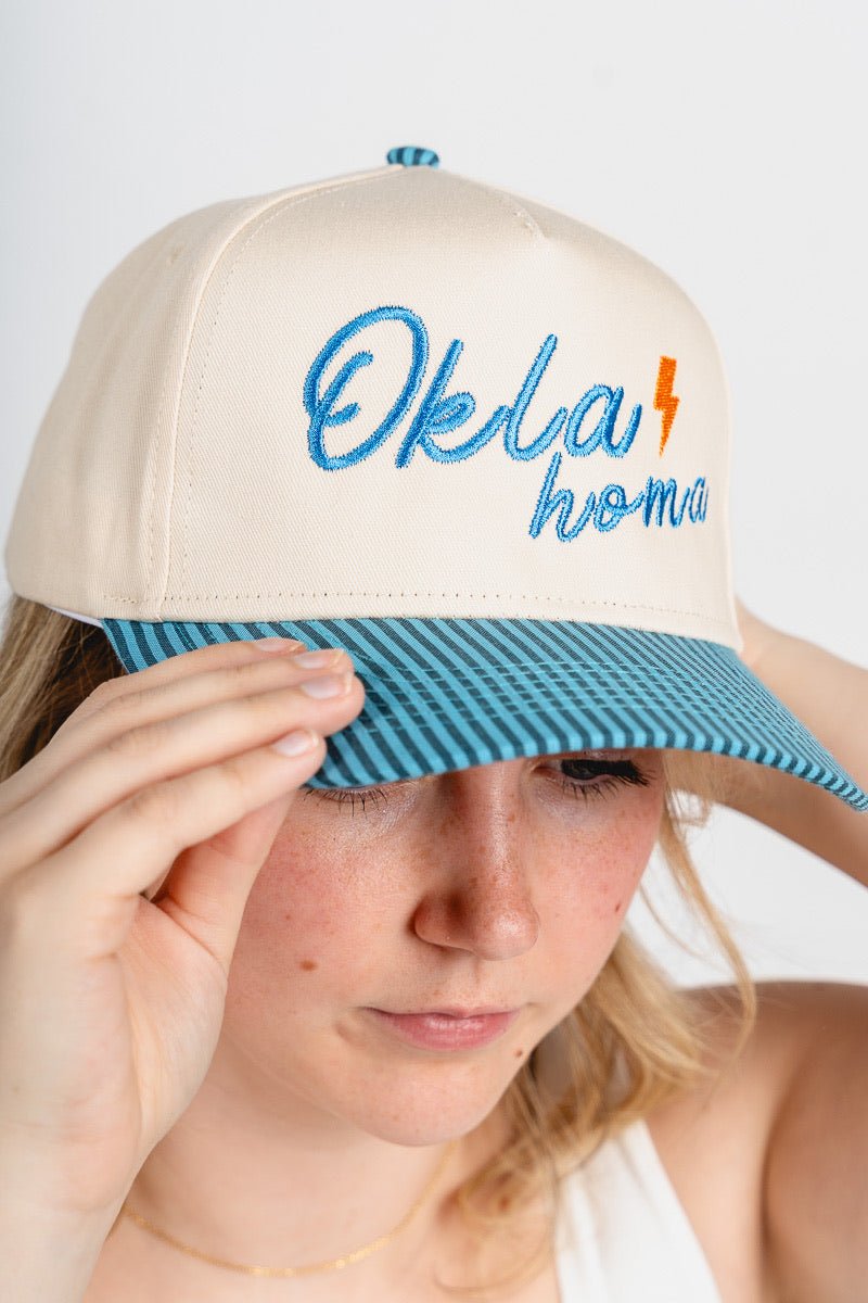 Oklahoma bolt pin stripe hat teal pin stripe/cream - Trendy Hats at Lush Fashion Lounge Boutique in Oklahoma City