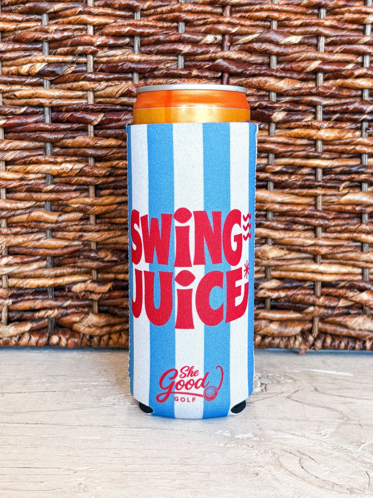 Swing juice striped drink koozie blue/white - Trendy Gifts at Lush Fashion Lounge Boutique in Oklahoma City