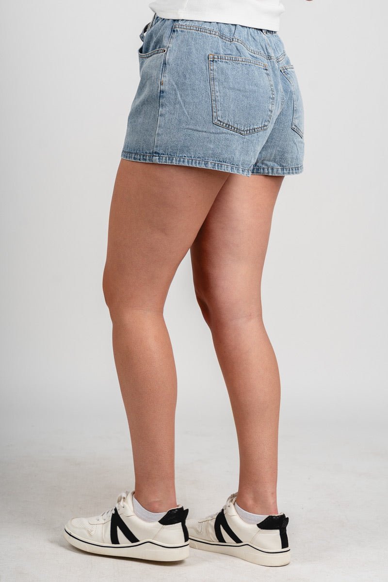 High rise tie waist denim shorts light denim
