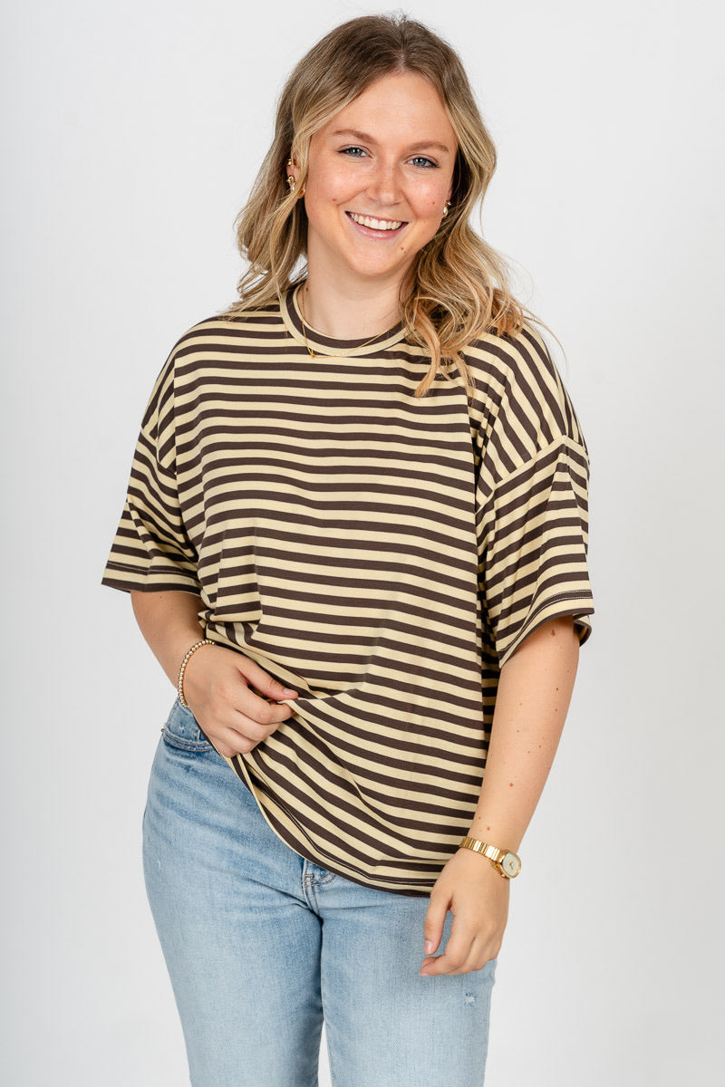 Striped short sleeve top butter/charcoal