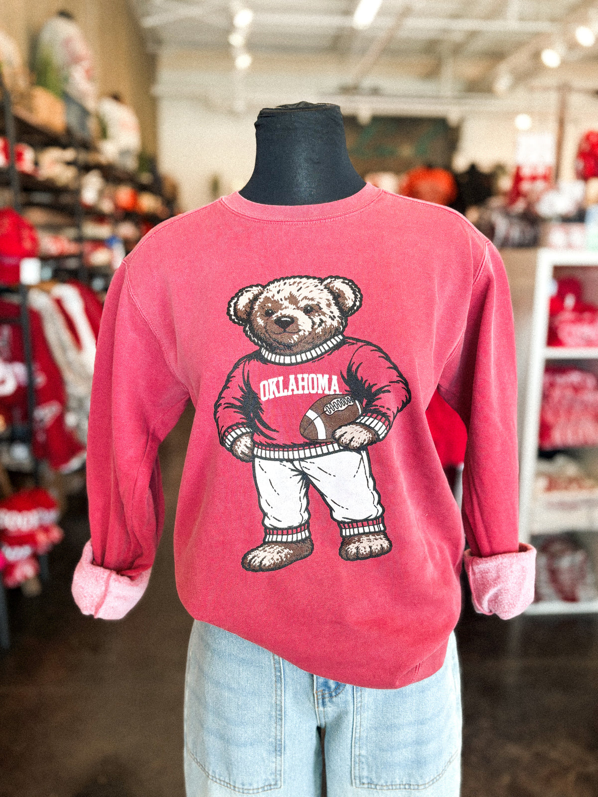 OU OU teddy bear comfort colors sweatshirt crimson sweatshirt | Lush Fashion Lounge Trendy Oklahoma University Sooners Apparel & Cute Gameday T-Shirts