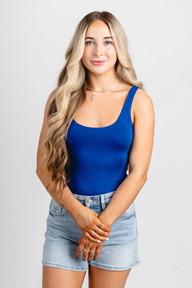 Scoop neck sleeveless bodysuit cobalt - Trendy Oklahoma City Basketball T-Shirts Lush Fashion Lounge Boutique in Oklahoma City