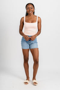 Square neck ruched tank top peachy pink - Trendy tank top - Fashion Tank Tops at Lush Fashion Lounge Boutique in Oklahoma City