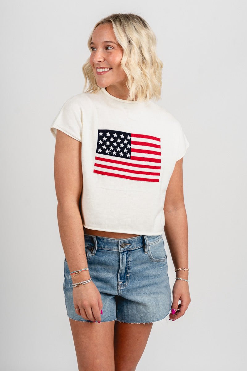 Sleeveless mock neck American flag sweater white - Cute Sweater - Fun American Summer Outfits at Lush Fashion Lounge Boutique in Oklahoma City