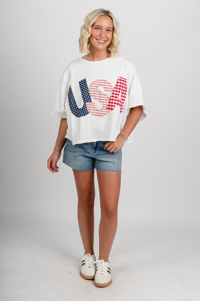 USA patchwork oversized top off white - Stylish top - Trendy American Summer Fashion at Lush Fashion Lounge Boutique in Oklahoma