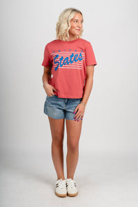 USA bars crop t-shirt red - Adorable T-shirt - Stylish Patriotic Summer Graphic Tees at Lush Fashion Lounge Boutique in OKC
