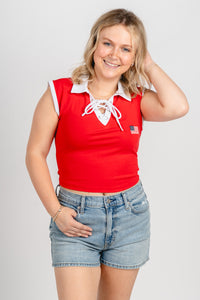 American flag collared crop top red/white - Cute Top - Fun American Summer Outfits at Lush Fashion Lounge Boutique in Oklahoma City
