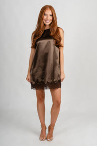 Satin lace trim mini dress brown - Trendy dress - Fashion Dresses at Lush Fashion Lounge Boutique in Oklahoma City