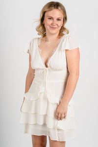 Tiered lace detail mini dress ivory Stylish dress - Womens Fashion Dresses at Lush Fashion Lounge Boutique in Oklahoma City