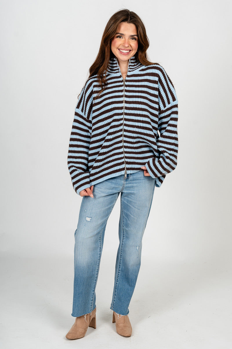 Striped zip up sweater blue/brown – Unique Sweaters | Lounging Sweaters and Womens Fashion Sweaters at Lush Fashion Lounge Boutique in Oklahoma City