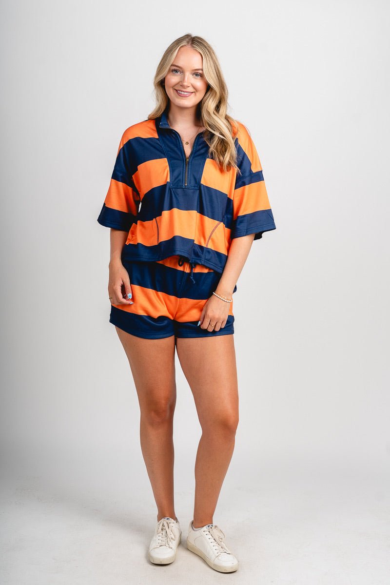 Striped sweat shorts orange/navy - Affordable shorts - Boutique Shorts at Lush Fashion Lounge Boutique in Oklahoma City
