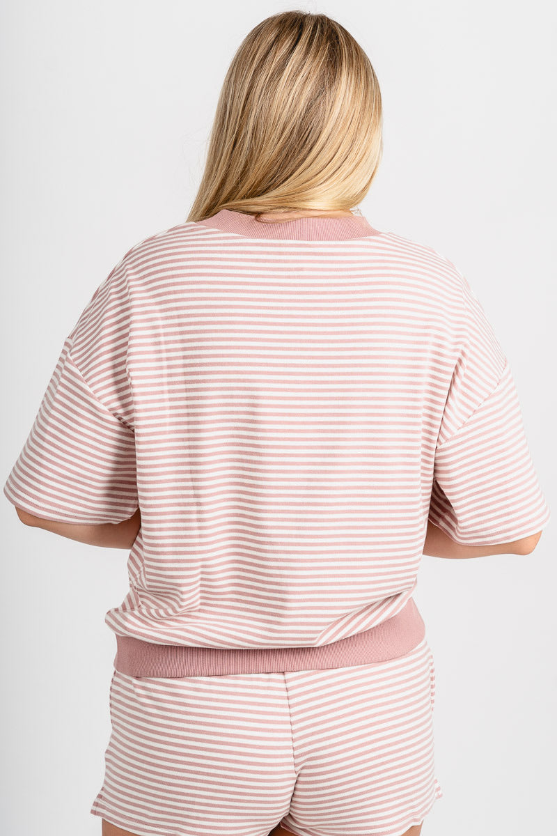 Striped mock neck short sleeve top blush/white