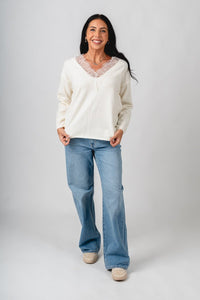 Lace trim sweater cream - Trendy Sweaters | Cute Pullover Sweaters at Lush Fashion Lounge Boutique in Oklahoma City