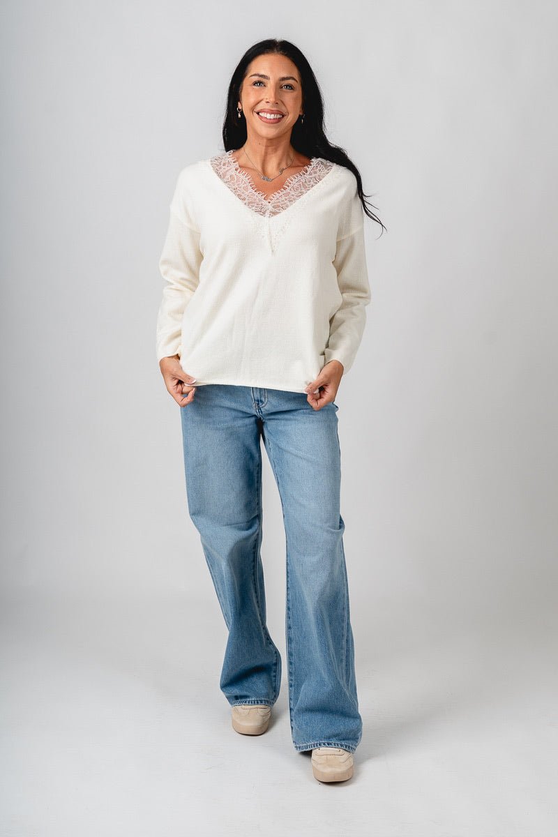 Lace trim sweater cream - Trendy Sweaters | Cute Pullover Sweaters at Lush Fashion Lounge Boutique in Oklahoma City