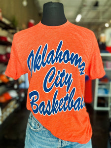 OKC basketball script unisex t-shirt orange - Trendy OKC Apparel at Lush Fashion Lounge Boutique in Oklahoma City