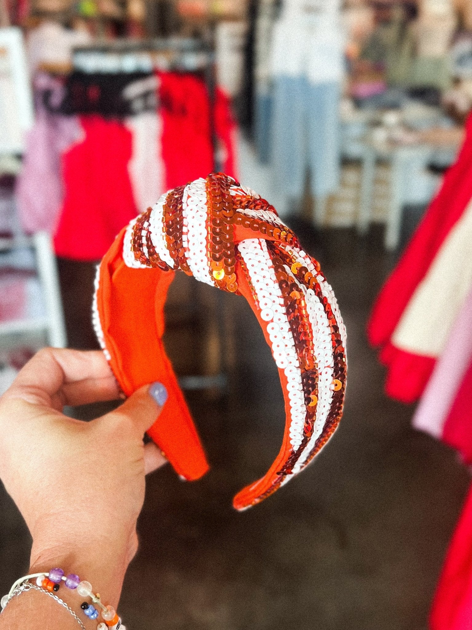 Sequin knot headband orange/white - Trendy Gifts at Lush Fashion Lounge Boutique in Oklahoma City