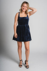 Corset velvet mini dress navy - Affordable New Year's Eve Party Outfits at Lush Fashion Lounge Boutique in Oklahoma City