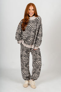 Zebra mock neck sweatshirt black/beige - Stylish Sweatshirt - Trendy Lounge Sets at Lush Fashion Lounge Boutique in Oklahoma City