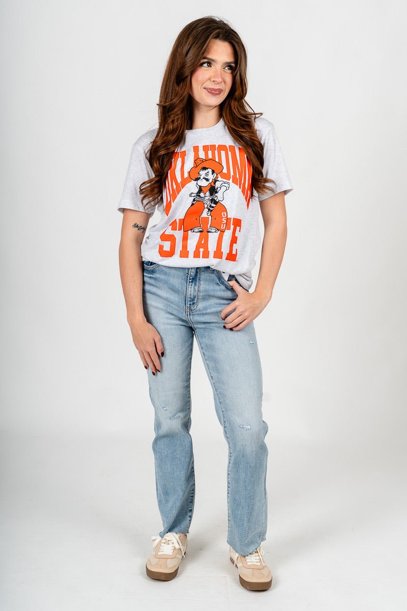 OSU OSU Pistol Pete center logo unisex short sleeve shirt ash T-shirt | Lush Fashion Lounge Trendy Oklahoma State Cowboys Apparel & Cute Gameday T-Shirts