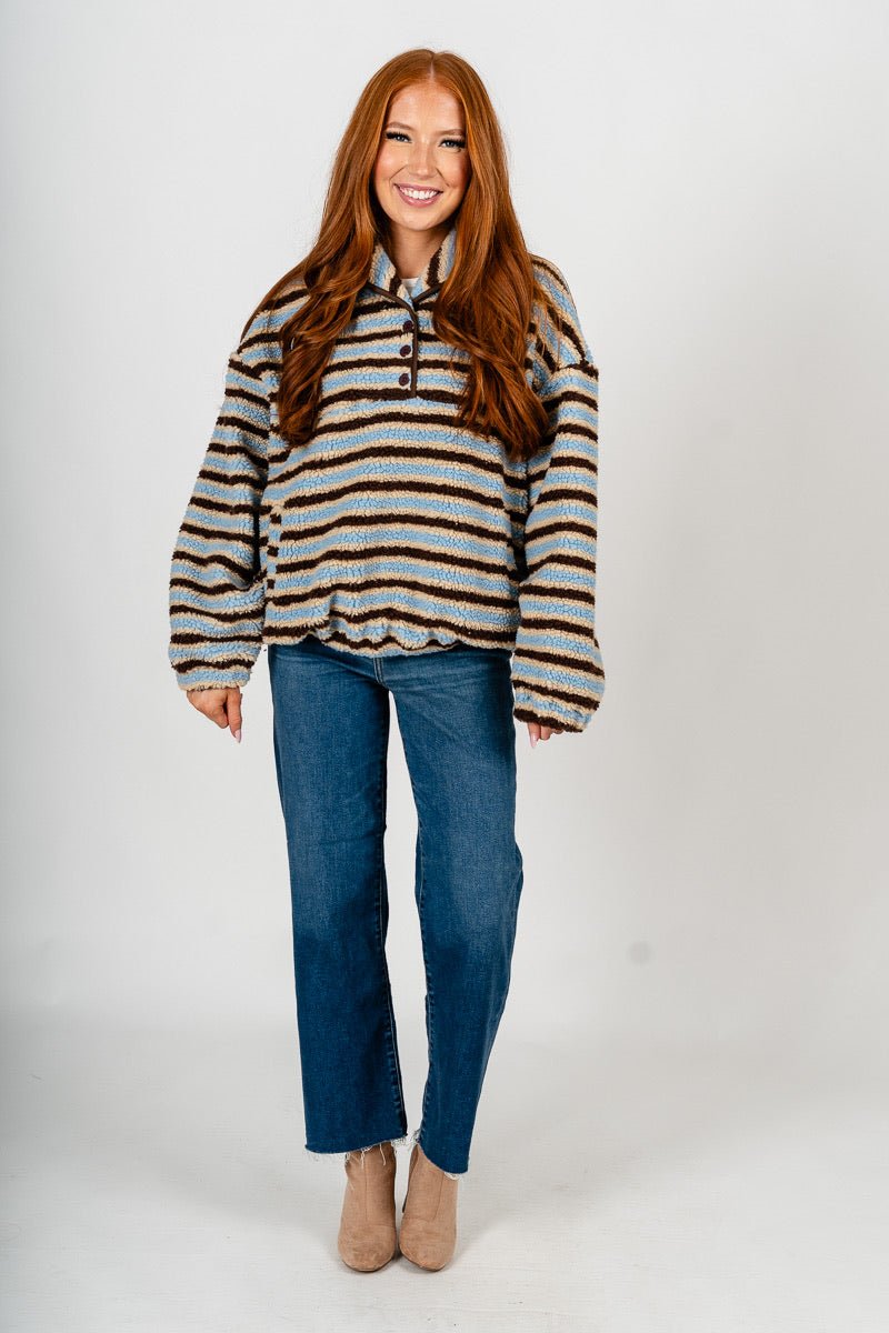 Collared fleece pullover light blue/brown – Fashionable Jackets | Trendy Blazers at Lush Fashion Lounge Boutique in Oklahoma City