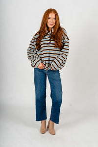 Collared fleece pullover light blue/brown – Unique Blazers | Cute Blazers For Women at Lush Fashion Lounge Boutique in Oklahoma City