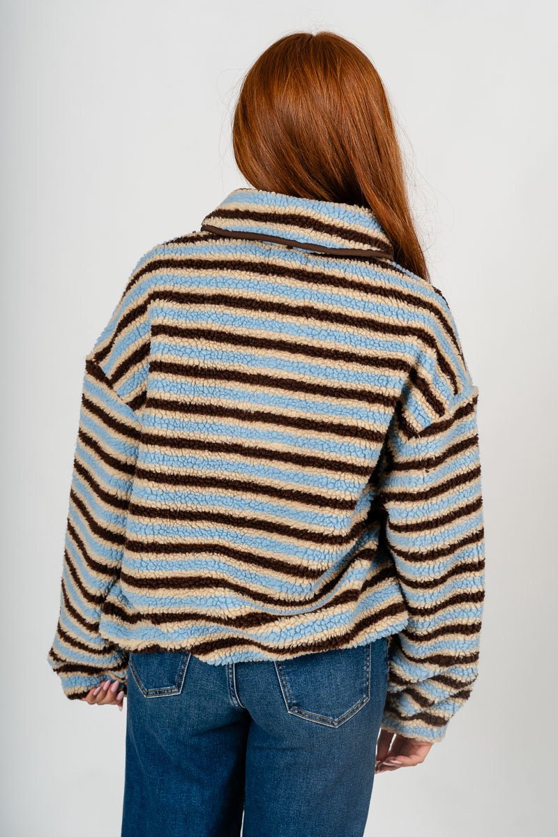 Collared fleece pullover light blue/brown