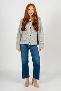 Eyelet knit sweater cardigan heather grey – Unique Sweaters | Lounging Sweaters and Womens Fashion Sweaters at Lush Fashion Lounge Boutique in Oklahoma City